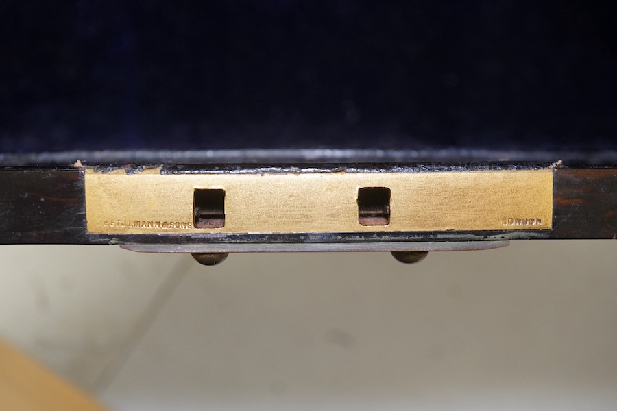 A late 19th century brass bound coromandel box with Betjemann & Sons lock, no key, 30cm wide. Condition - fair to good